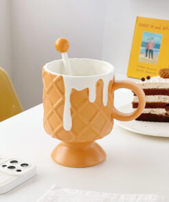 Ice Cream Ceramic Mug With Stirring Spoon, Orange