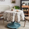 Cotton Linen Table Cloth Round Tablecloth with Tassel Dust-Proof Floral
