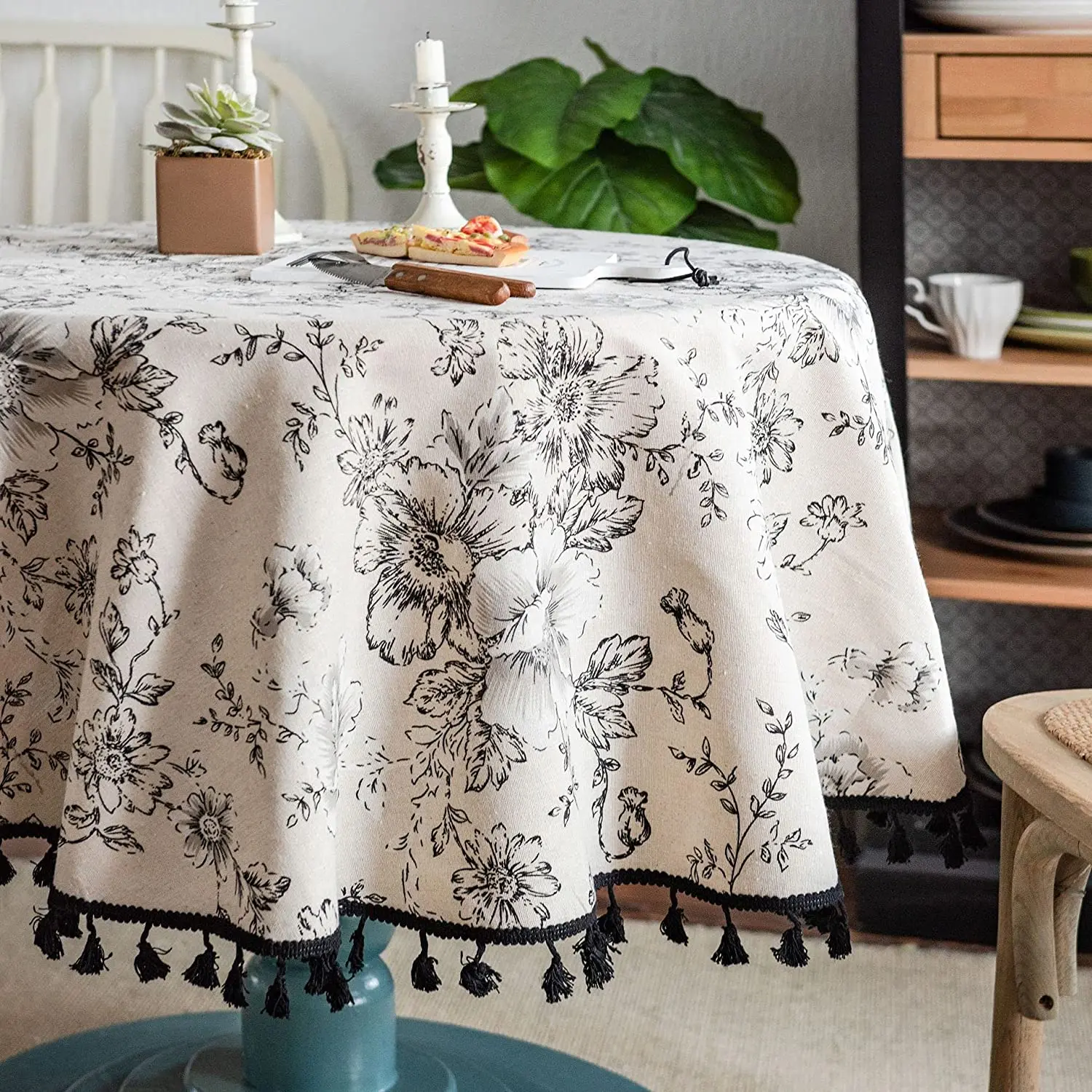 Cotton Linen Table Cloth Round Tablecloth with Tassel Dust-Proof Floral - Image 3