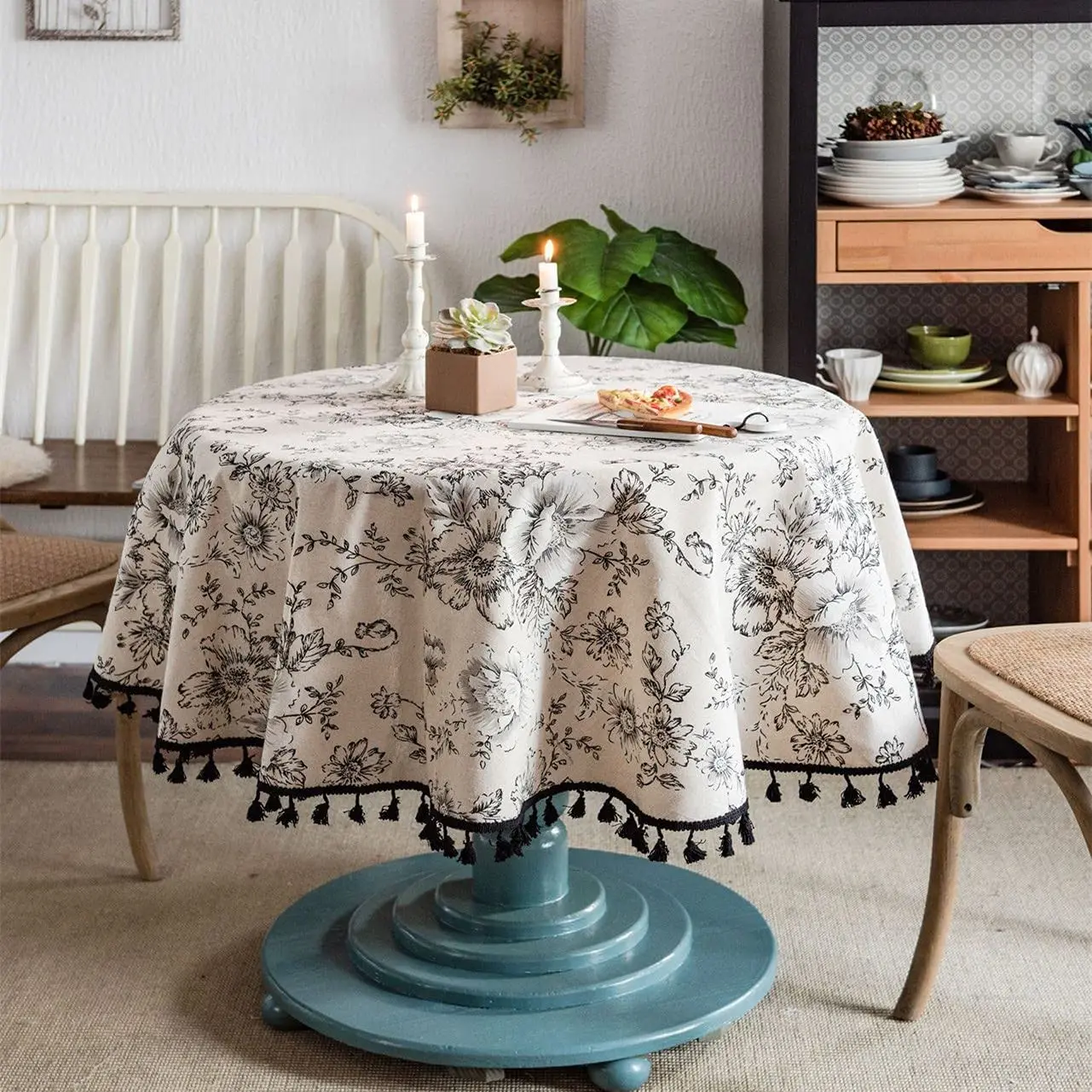 Cotton Linen Table Cloth Round Tablecloth with Tassel Dust-Proof Floral