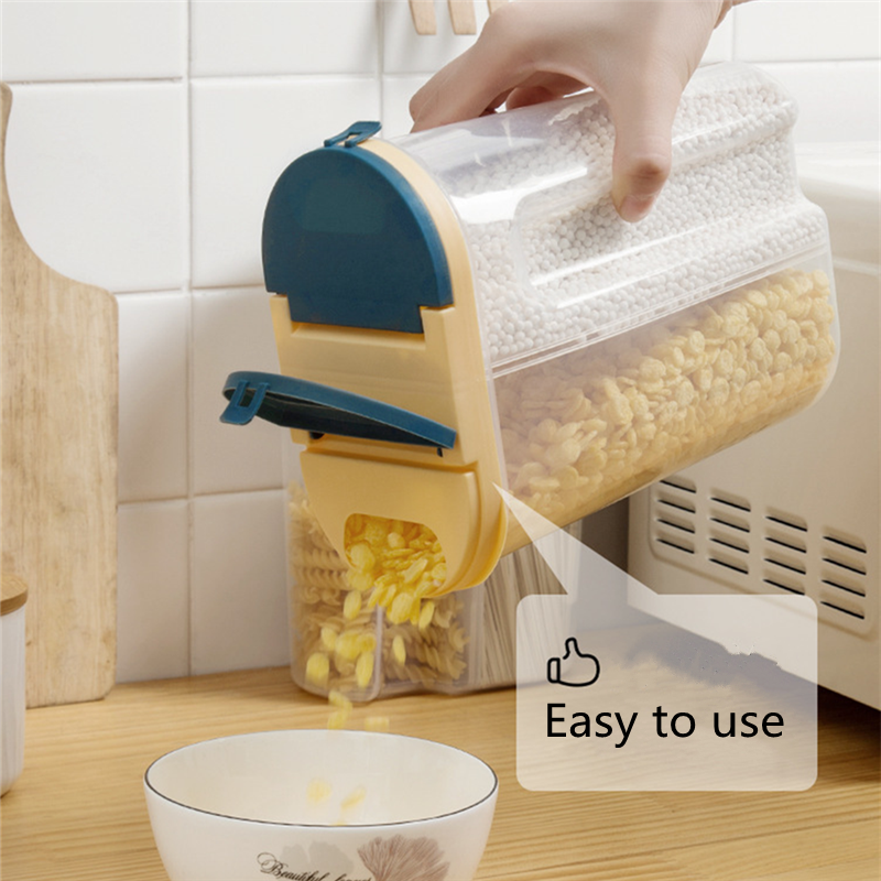 Large Blue Double Grid Cereals Jar Plastic Food Storage with Lids - Image 2