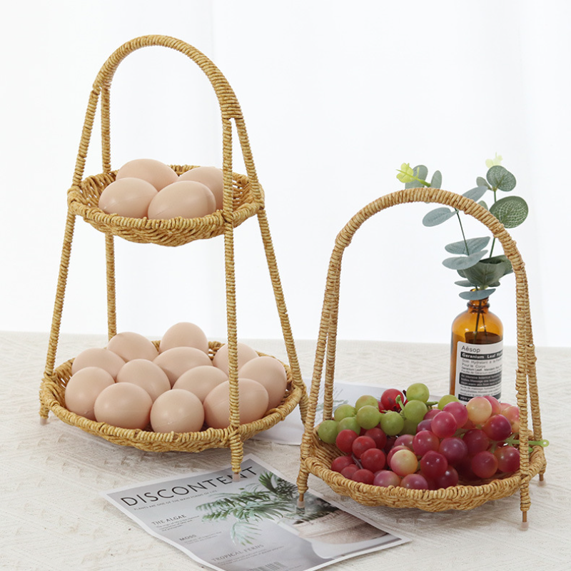 2-Tier Handmade Rattan Wicker Countertop Fruit Baskets - Image 2