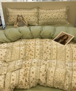 Korean Style Green Floral Bedding Set Soft Cartoon Duvet Cover