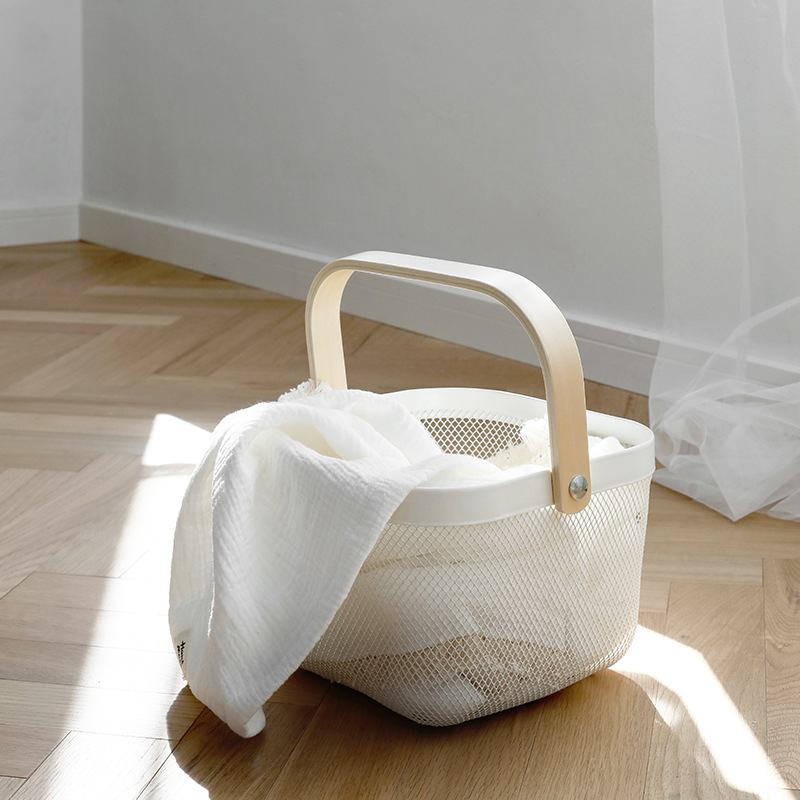 Iron Fruits Vegetables Storage Drain Basket Groceries Container Basket with Wooden Handle - Image 2