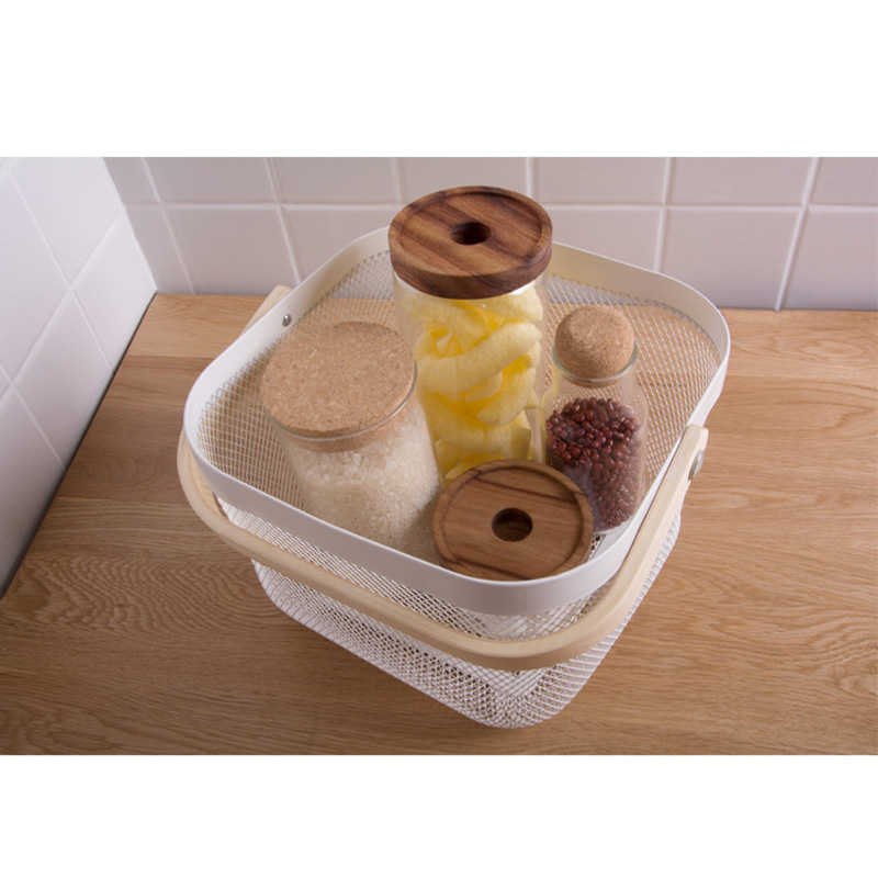 Iron Fruits Vegetables Storage Drain Basket Groceries Container Basket with Wooden Handle - Image 3