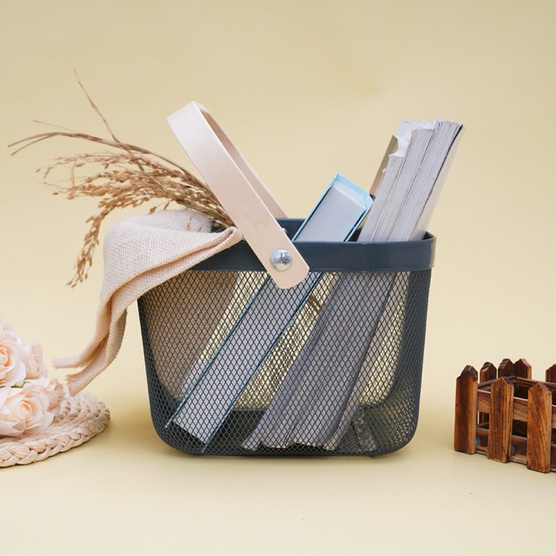 Iron Fruits Vegetables Storage Drain Basket Groceries Container Basket with Wooden Handle - Image 4