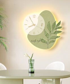 LED Lights Decorative Wall Clock Glowing Green Leaf
