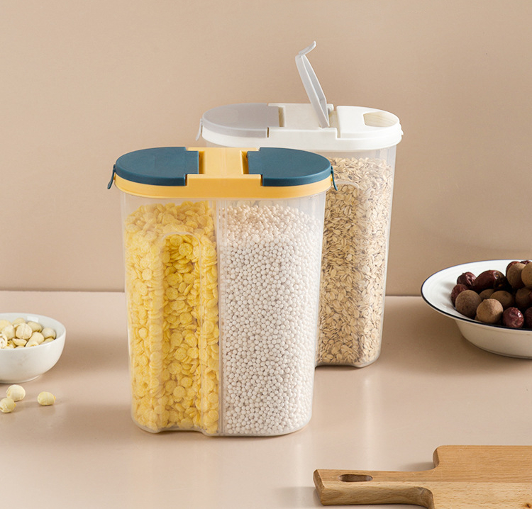 Large Blue Double Grid Cereals Jar Plastic Food Storage with Lids - Image 4