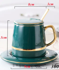 Alternative view of Ceramic Mug With Lid Spoon And Saucer Lovers Coffee Mug, Green