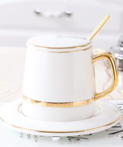 Ceramic Mug With Lid Spoon And Saucer Lovers Coffee Mug, White