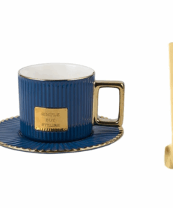 Ceramics Golden Handle Stripe Coffee Cup And Saucer Set, Blue