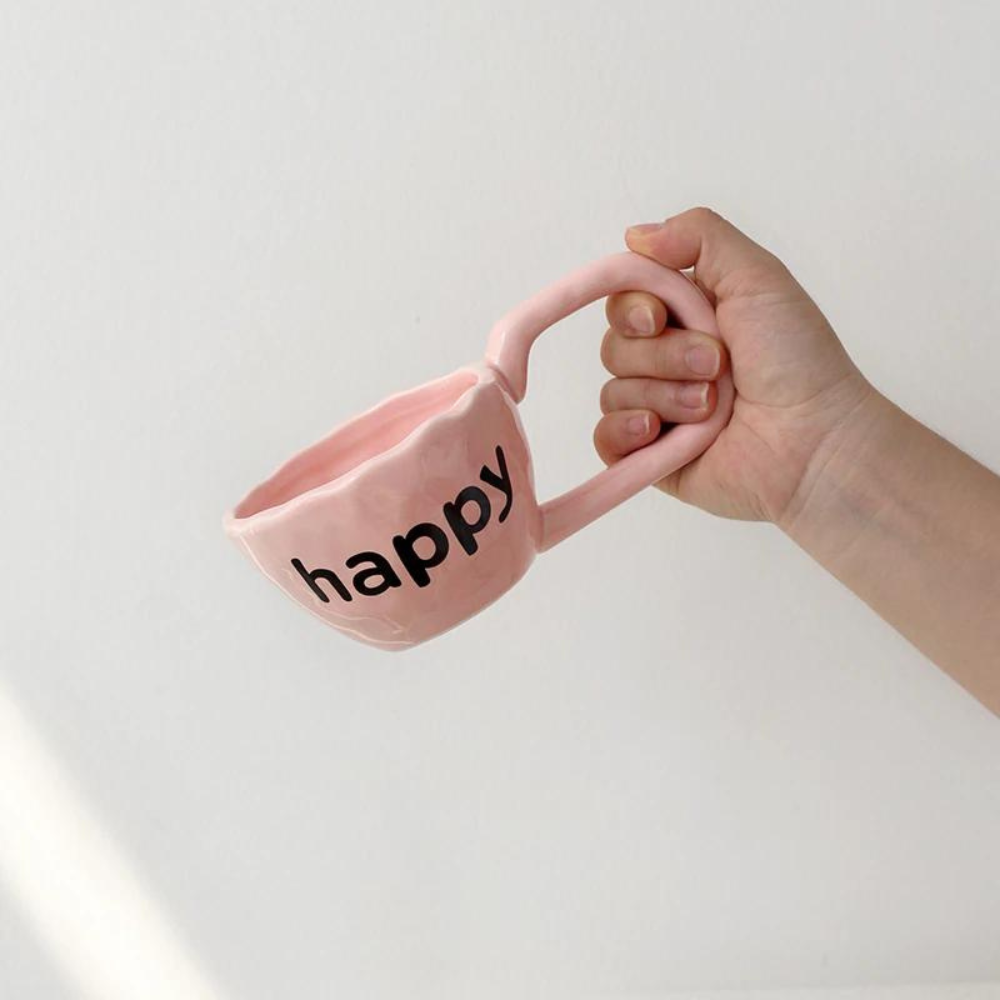 happy Ceramic Mug With Big Handle, Pink - Image 3