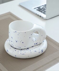 Ceramic Mug Nordic Coffee Cup With Fat Large Handle, Blue And White