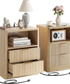 Fluted Night Stand Set Of 2, Modern Nightstand With Charging Station, Drawers And Open Shelves-Bedside Table For Bedroom