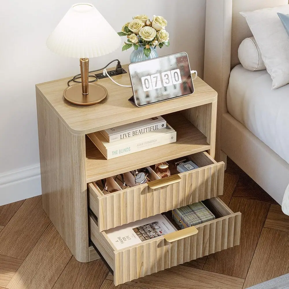 Fluted Night Stand Set Of 2, Modern Nightstand With Charging Station, Drawers And Open Shelves-Bedside Table For Bedroom - Image 3
