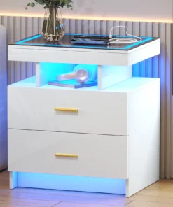 LED Nightstand with Wireless Charging Station,Black Night Stand with 2 Drawers,Glass Top Smart Bedside Table