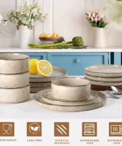 Alternative view of 18 Piece Dinnerware Dish Set for 6 Stoneware Plates and Bowls Ceramic Dinner Tableware Sets Includes Dinner Salad Plates Cereal