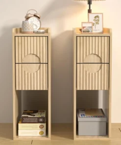 Fluted Nightstand Set of 2, Wood 2 Drawer Narrow Nightstand, Slim Side Table, Modern Boho End Bedside Table, Natural Wood