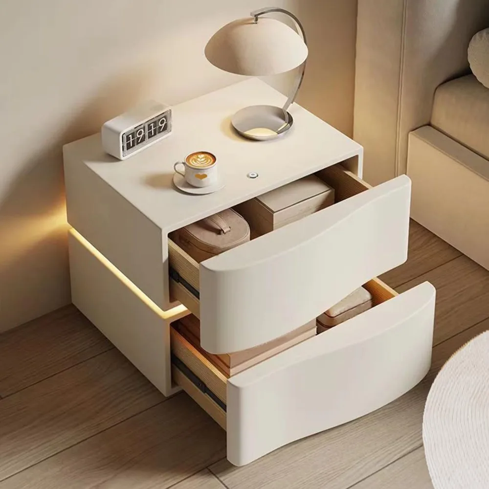 Modern Nightstand with LED Light, Leather Night Stand with Drawer, Solid Wood Bedside Table (2 Drawers, White) - Image 5