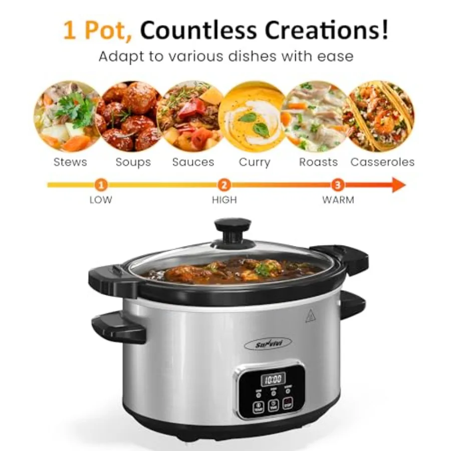 4QT Programmable Slow Cooker with Removable Ceramic Pot Locking Lid 3 Heating Settings and Timer for Home Kitchen Use Dishwashe - Image 6