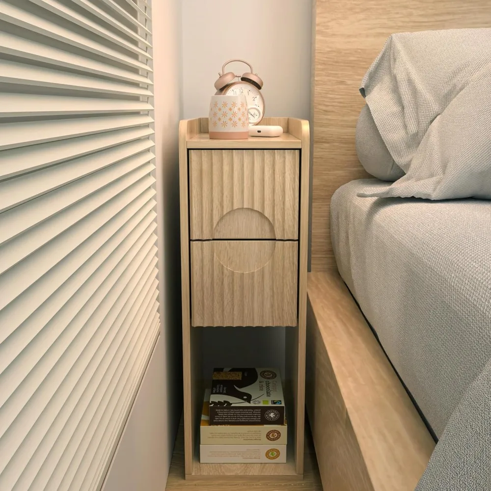 Fluted Nightstand Set of 2, Wood 2 Drawer Narrow Nightstand, Slim Side Table, Modern Boho End Bedside Table, Natural Wood - Image 2