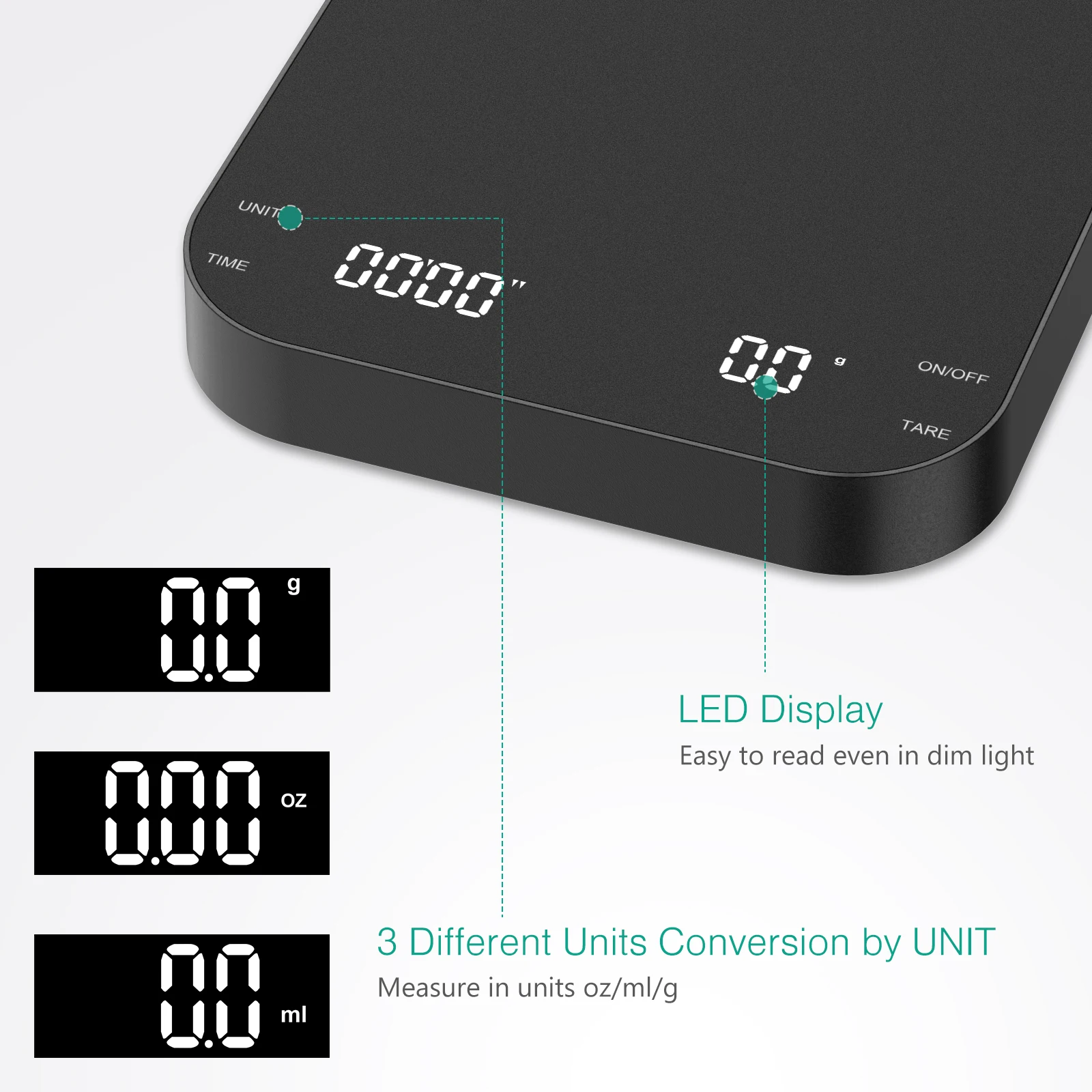 Digital Coffee Scales with Timer 3Kg/0.1g Espresso Scale Rechargeable Precision Kitchen Scale for Coffee Brewing, Baking - Image 3