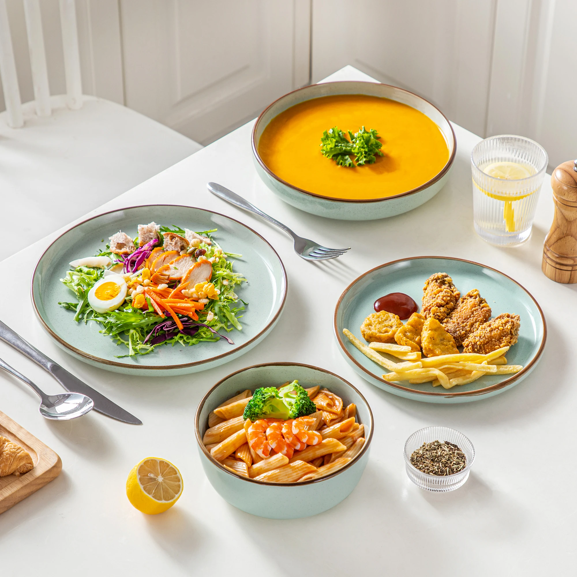 16/32 Piece Green Ceramic Dinnerware Set Oven Safe Stoneware Set with 4 PCS Dinner Plate/Dessert Plate/Soup/ Bowl - Image 5