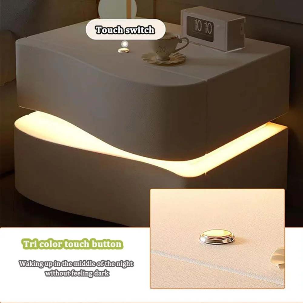 Modern Nightstand with LED Light, Leather Night Stand with Drawer, Solid Wood Bedside Table (2 Drawers, White) - Image 3