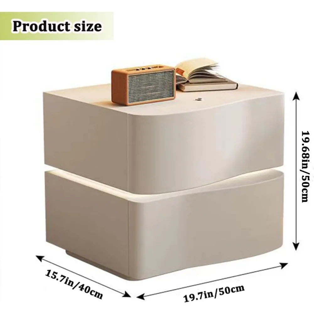 Modern Nightstand with LED Light, Leather Night Stand with Drawer, Solid Wood Bedside Table (2 Drawers, White) - Image 2