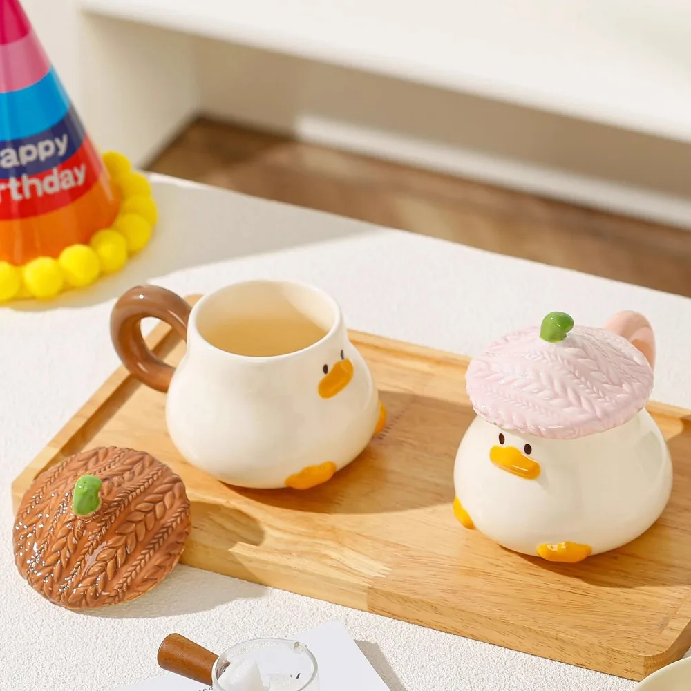 Under Glaze Color Pear Big Cute Mug with Lid Ceramic Cup Afternoon Tea Coffee Cup Household Office Handwork Cartoon Duckling Mug - Image 2