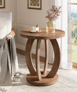 Round Side Table with Storage Shelf, Farmhouse Style Nightstand for Bedroom or Living Room