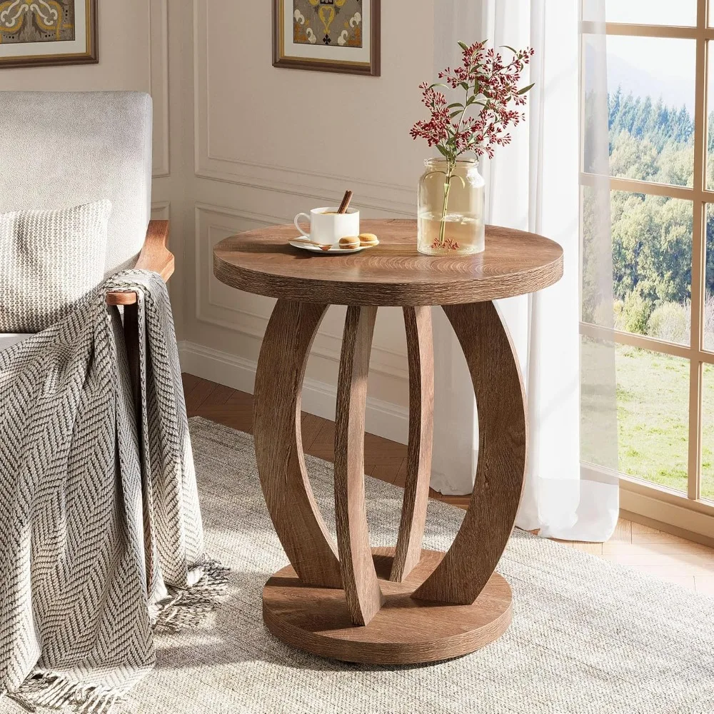 Round Side Table with Storage Shelf, Farmhouse Style Nightstand for Bedroom or Living Room