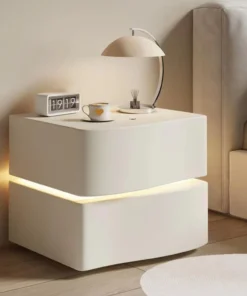 Modern Nightstand with LED Light, Leather Night Stand with Drawer, Solid Wood Bedside Table (2 Drawers, White)