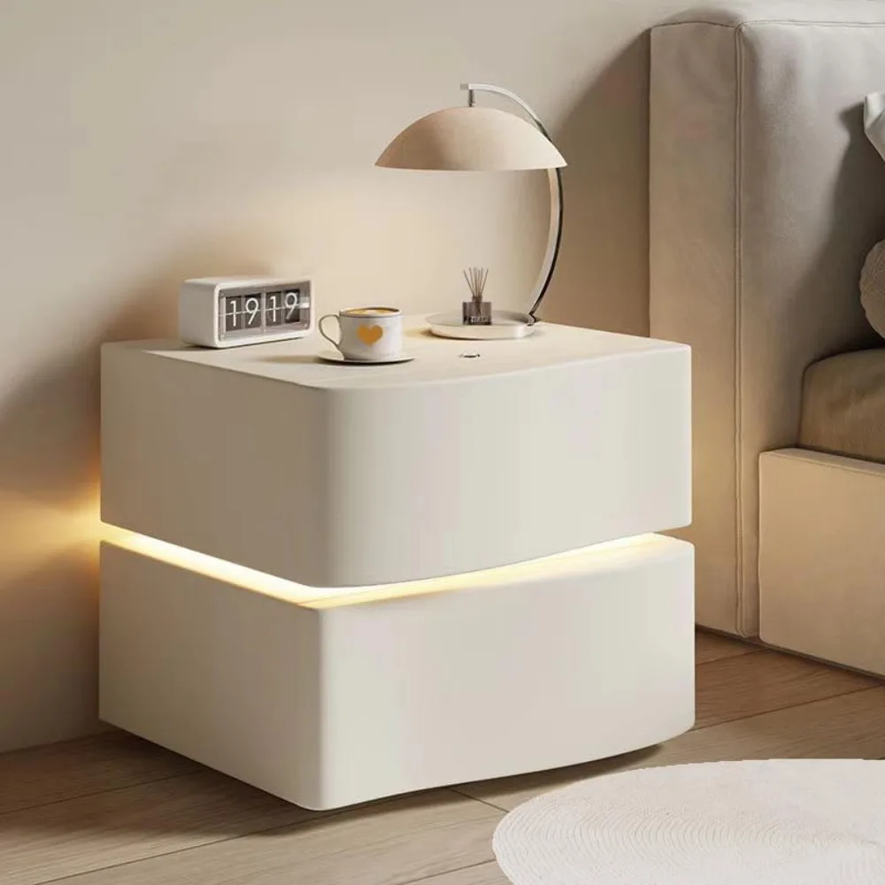 Modern Nightstand with LED Light, Leather Night Stand with Drawer, Solid Wood Bedside Table (2 Drawers, White)