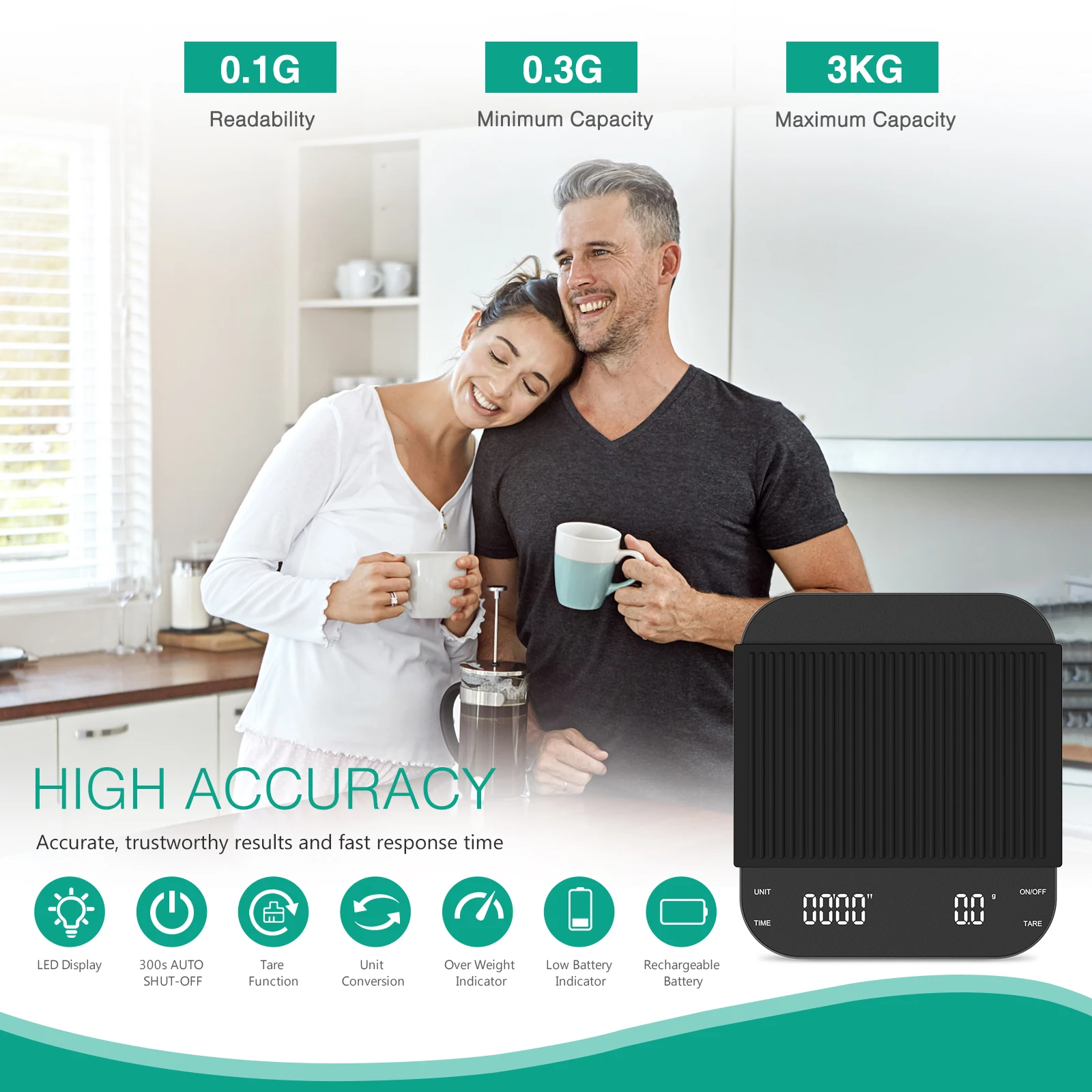 Digital Coffee Scales with Timer 3Kg/0.1g Espresso Scale Rechargeable Precision Kitchen Scale for Coffee Brewing, Baking - Image 6