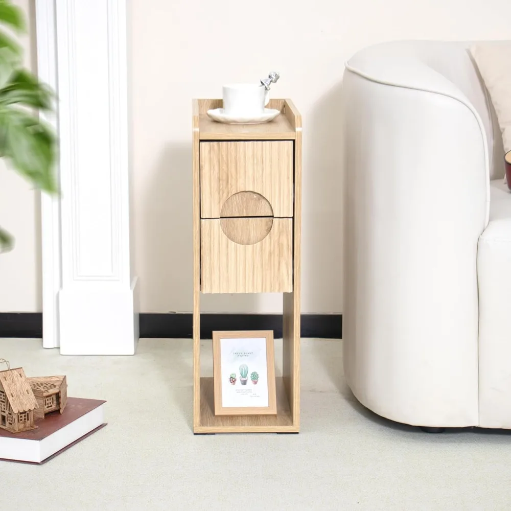 Fluted Nightstand Set of 2, Wood 2 Drawer Narrow Nightstand, Slim Side Table, Modern Boho End Bedside Table, Natural Wood - Image 5