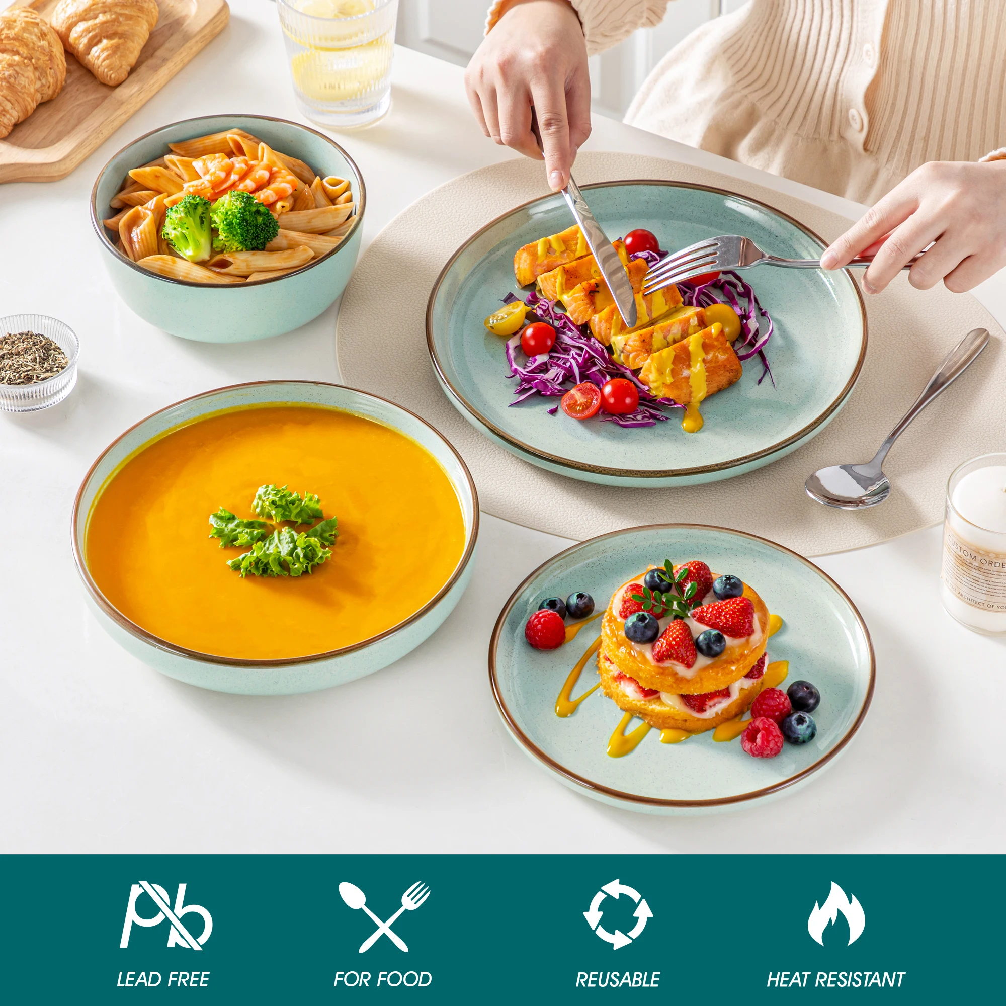 16/32 Piece Green Ceramic Dinnerware Set Oven Safe Stoneware Set with 4 PCS Dinner Plate/Dessert Plate/Soup/ Bowl - Image 4