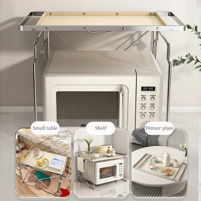 2-layer Microwave Oven Storage Rack Retractable Countertop Gadget Set Floor Stand Kitchen Seasoning Holder Spicy Organizer Shelf - Image 3