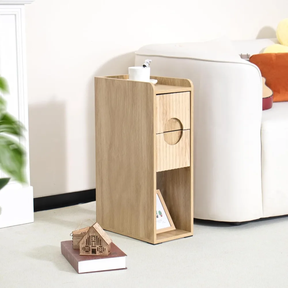 Fluted Nightstand Set of 2, Wood 2 Drawer Narrow Nightstand, Slim Side Table, Modern Boho End Bedside Table, Natural Wood - Image 3