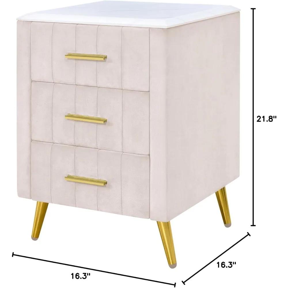 Velvet Nightstand with 3 Drawers, Upholstered Nightstand with Faux Marble Top, Bedside Table Furniture,End Table with Metal Legs - Image 2