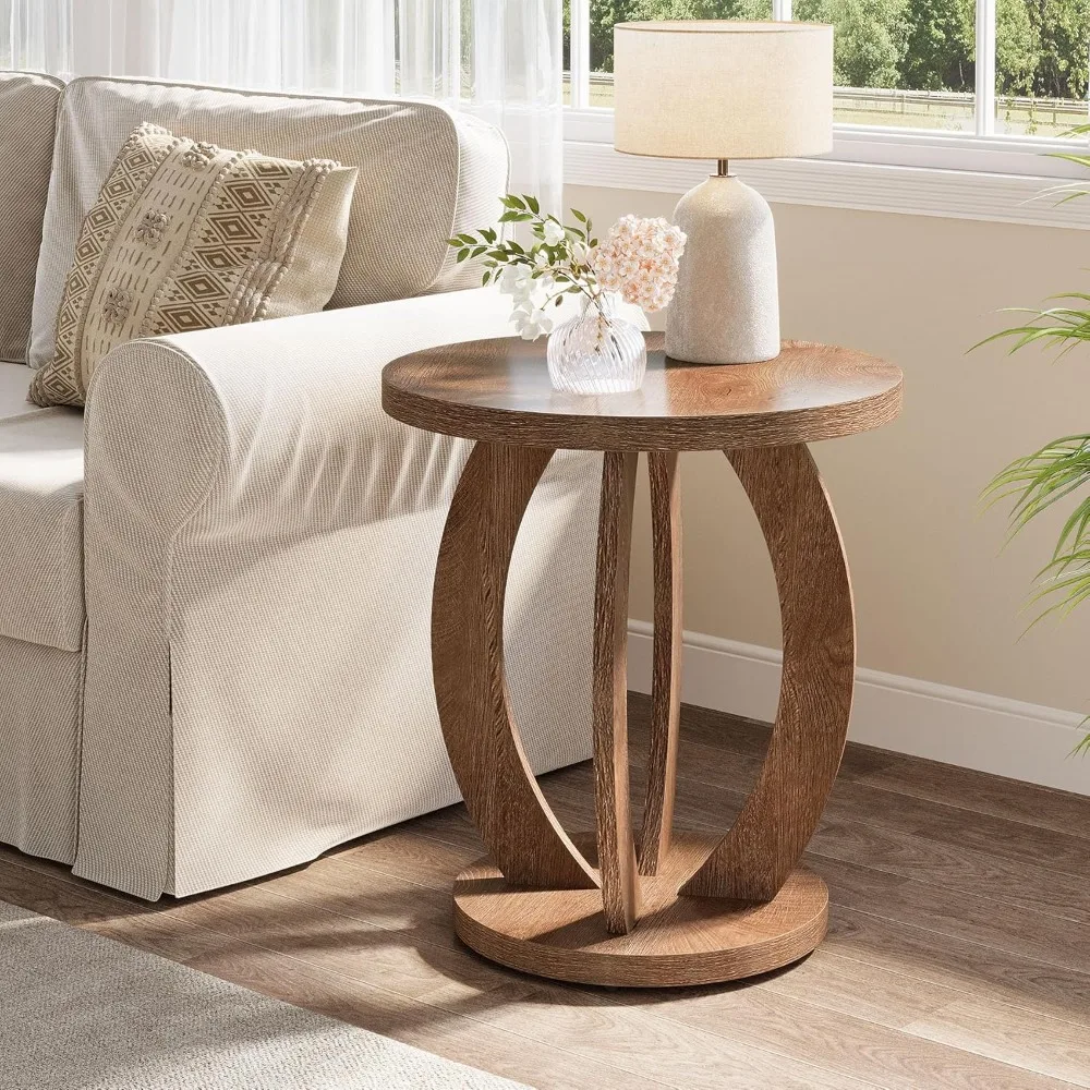 Round Side Table with Storage Shelf, Farmhouse Style Nightstand for Bedroom or Living Room - Image 4