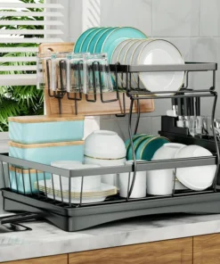 Large 2-Tier Dish Drying Rack for Kitchen Countertops Removable High-Capacity Drainer Shelf for Plates Bowls Cups Utensils