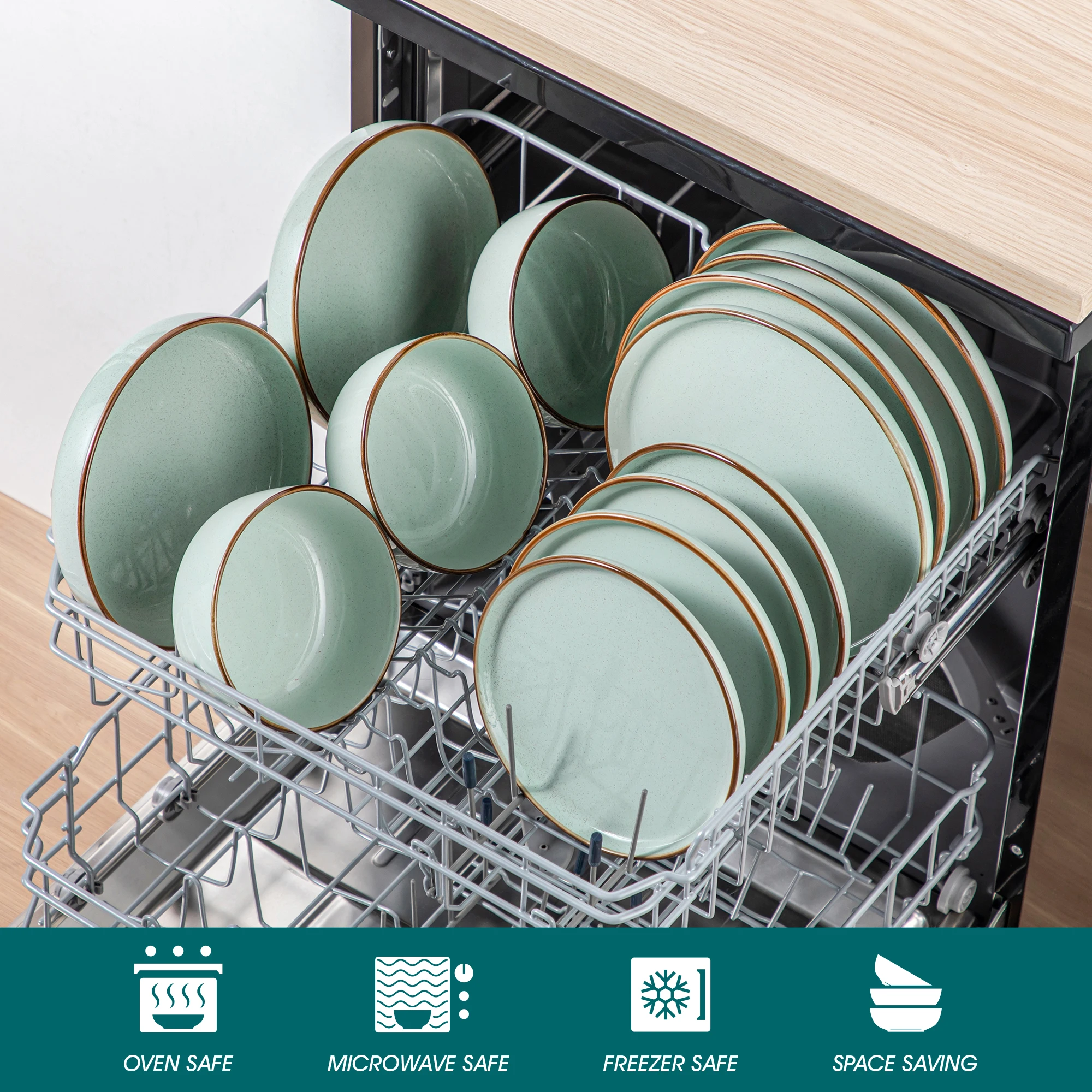 16/32 Piece Green Ceramic Dinnerware Set Oven Safe Stoneware Set with 4 PCS Dinner Plate/Dessert Plate/Soup/ Bowl - Image 3