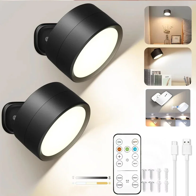 LED Wall Mounted Lights with Remote Wireless Magnetic Wall Sconces 3 Color Dimmable USB Rechargeable for Bedroom Bedside Light - Image 2