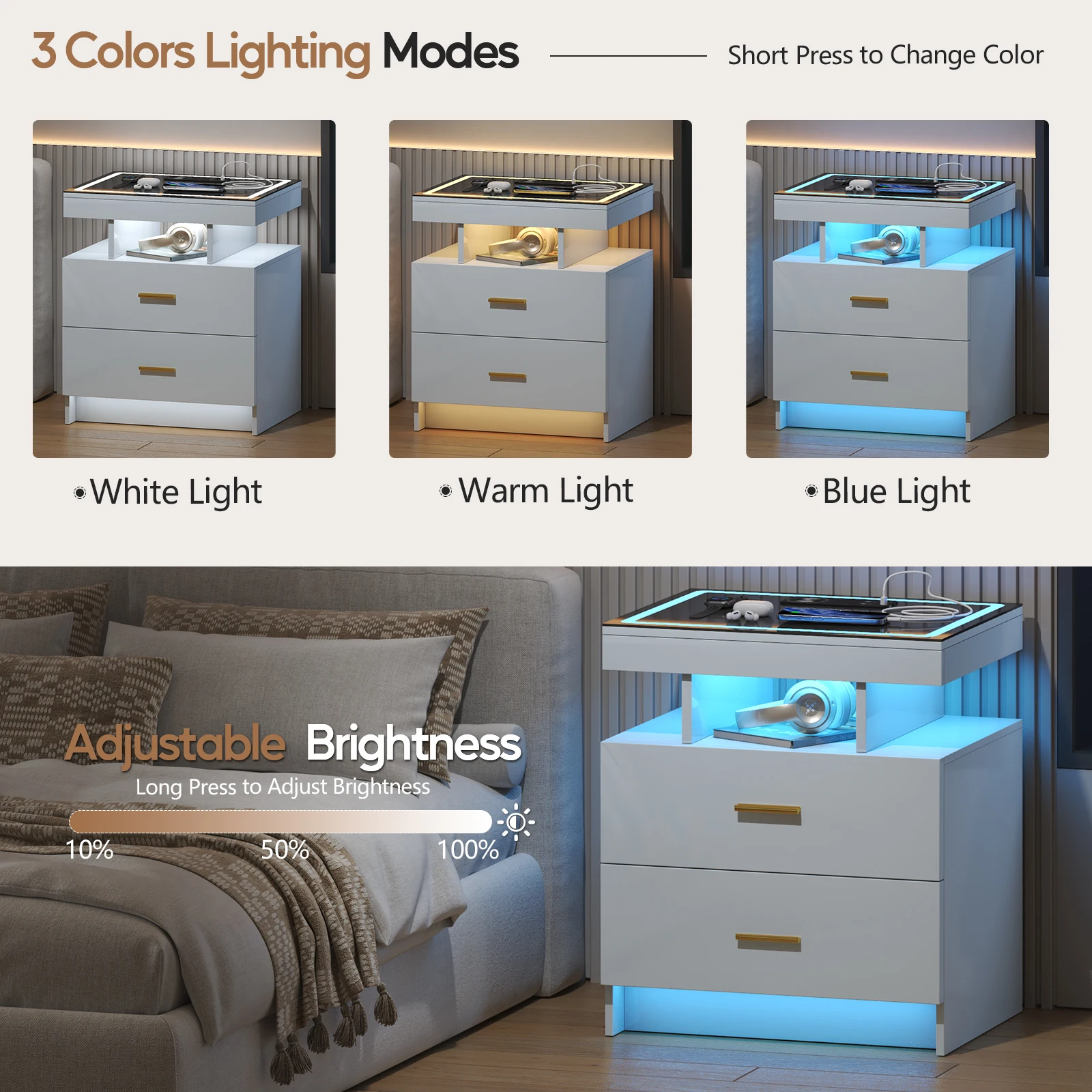 LED Nightstand with Wireless Charging Station,Black Night Stand with 2 Drawers,Glass Top Smart Bedside Table - Image 6